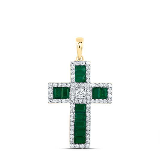 14kt Yellow Gold 1/2 Cttw Natural Diamond 7/8 Cttw-bag Emerald Natural Gem Cross Pendant