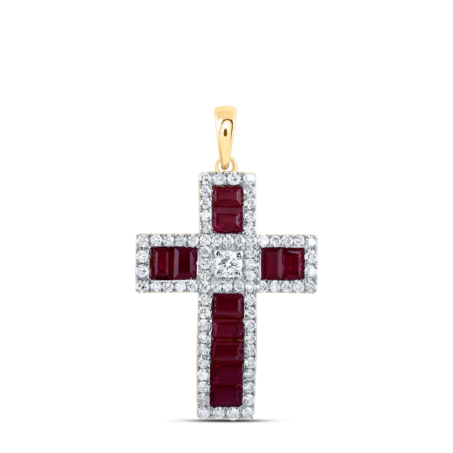 14K Yellow Gold 1/2Ctw Natural Diamond Cn 1 1/5Ctw Baguette Ruby Natural Gem Cross Pendant