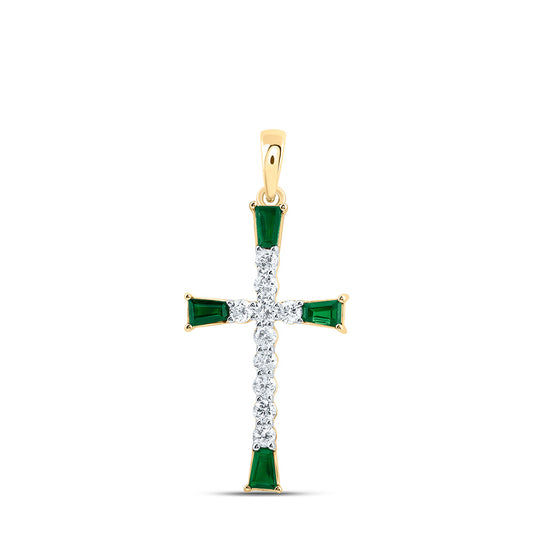 14kt Yellow Gold 1/5 Cttw Natural Diamond and 1/4 Cttw- Bag Emerald Natural Gem Cross Pendant