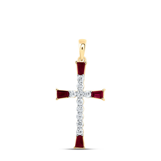 14kt Yellow Gold 1/5 Cttw Natural Diamond and 1/3 Cttw- Bag Ruby Natural Gem Cross Pendant