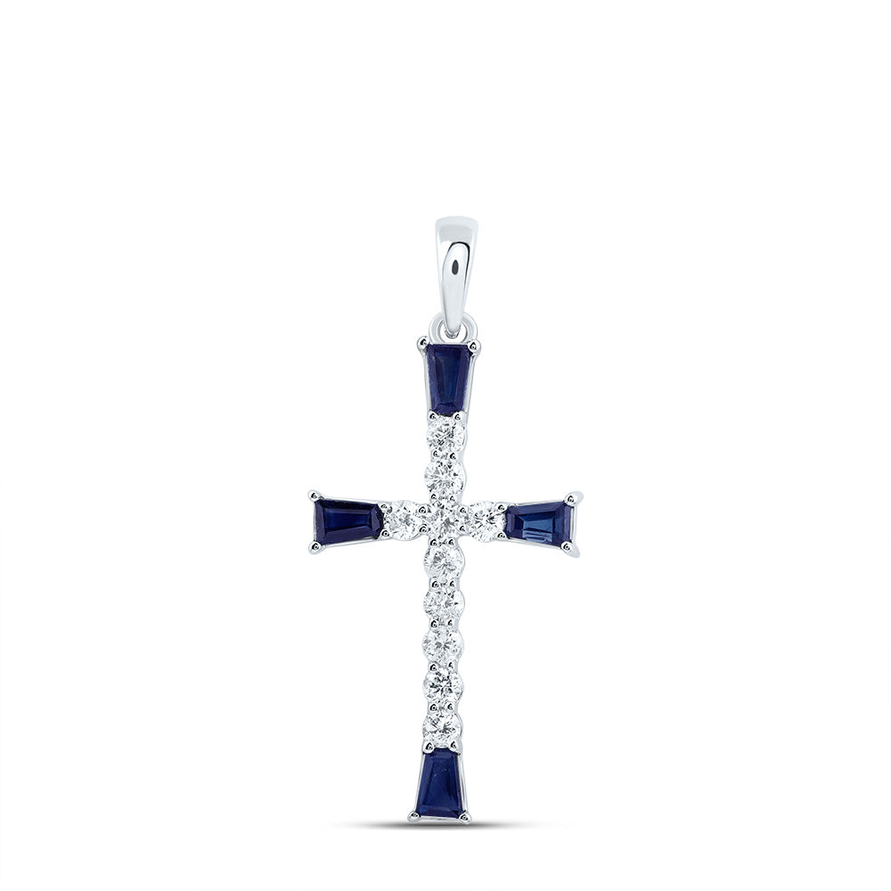 14kt White Gold 1/5 Cttw Natural Diamond and 1/3 Cttw- Bag Blue Sapphire Natural Gem Cross Pendant