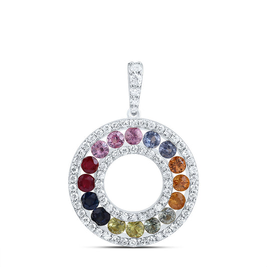 14kt White Gold 1/2 Cttw Natural Diamond and 1 1/2 Cttw Round Natural Gem Multicolor Sapphire Pendant