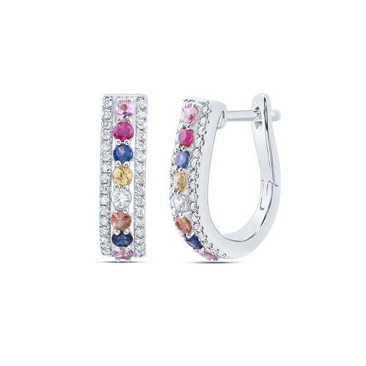 14kt White Gold 1/4 Cttw Natural Diamond and 5/8 Cttw Round Natural Gem Multicolor Sapphire Hoop Earring