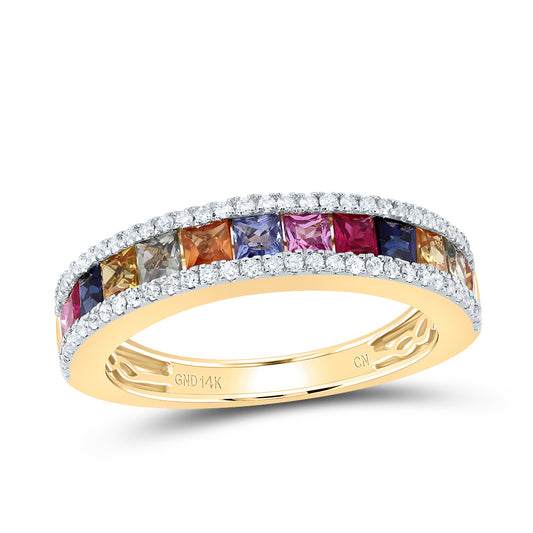 14kt Yellow Gold 1/4 Cttw Natural Diamond and 1 3/8 Cttw Pr Natural Gem Multicolor Sapphire Wedding Engagement Anniversary Ring, Women Size: 5-9