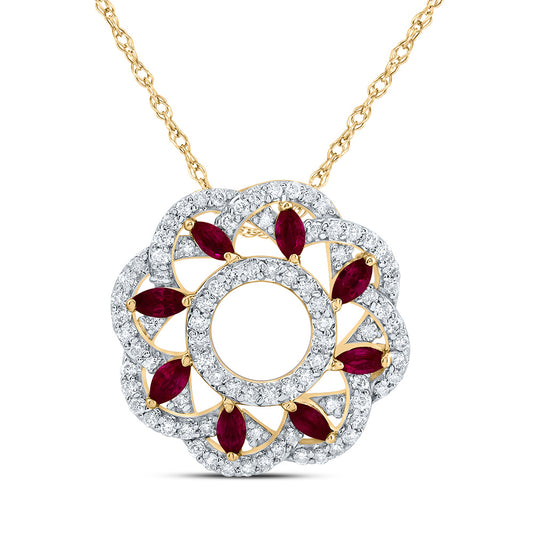 14kt Yellow Gold 1/3 Cttw Natural Diamond 3/8 Cttw Marquise Ruby Natural Gem Fashion Necklace, Length: 18 Inch