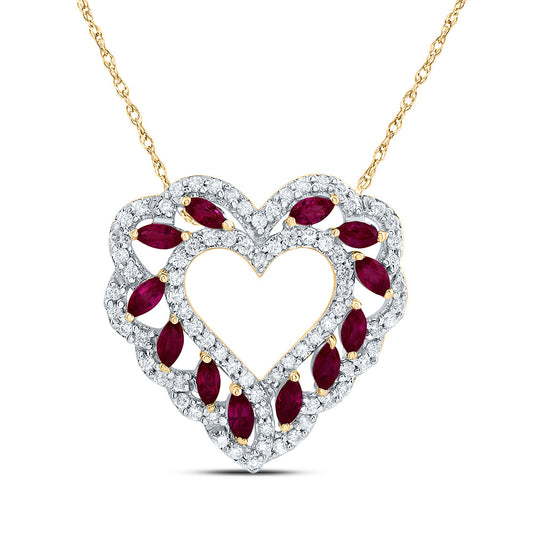 14kt Yellow Gold 1/3 Cttw Natural Diamond 5/8 Cttw Mq Ruby Natural Gem Fashion Heart Necklace, Length: 18 Inch