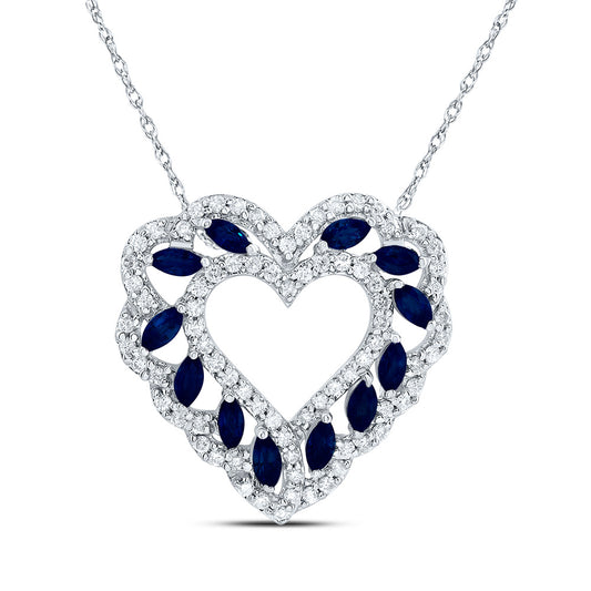 14K White Gold 1/3 Ctw Diamond 1/2 Ctw Marquise Blue Sapphire Natural Gem Fashion Heart Necklace (18 Inch)