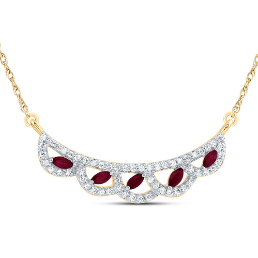 14kt Yellow Gold 1/4 Cttw Natural Diamond and 1/5 Cttw Marquise Ruby Natural Gem Fashion Necklace, Length: 18 Inch