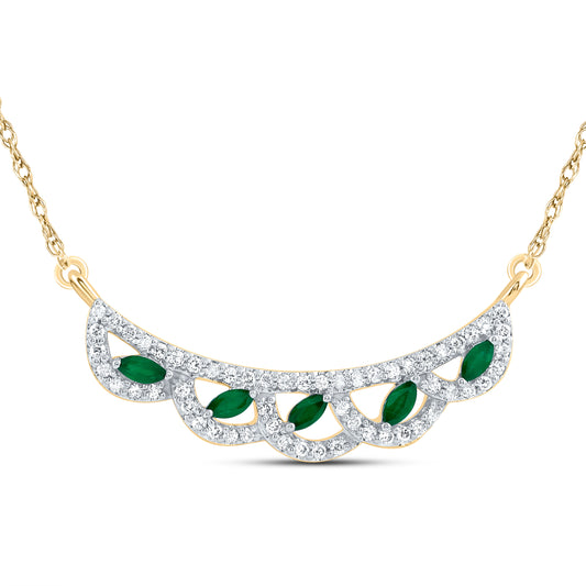 14kt Yellow Gold 1/4 Cttw Natural Diamond and 1/6 Cttw Marquise Emerald Natural Gem Fashion Necklace, Length: 18 Inch