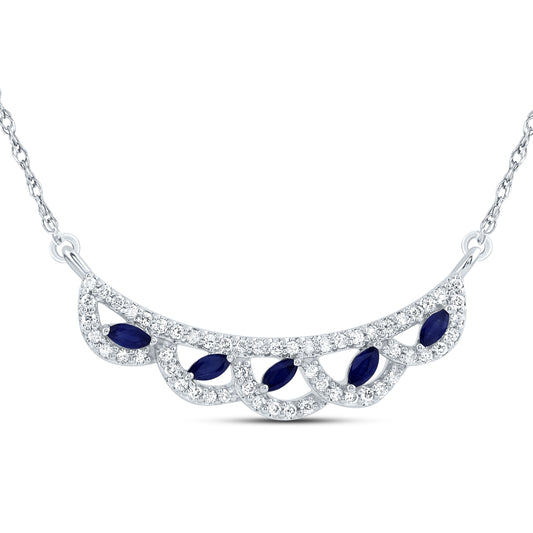 14K White Gold 1/4 Ctw Diamond 1/4 Ctw Marquise Blue Sapphire Natural Gem Fashion Necklace (18 Inch)