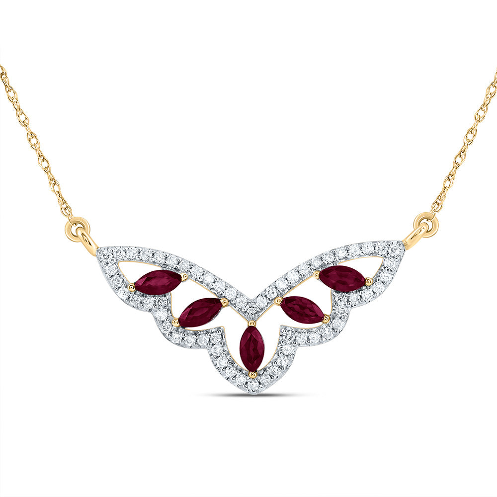 14kt Yellow Gold 1/4 Cttw Natural Diamond 3/8 Cttw Marquise Ruby Natural Gem Fashion Necklace, Length: 18 Inch