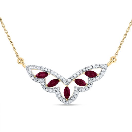 14kt Yellow Gold 1/4 Cttw Natural Diamond 3/8 Cttw Marquise Ruby Natural Gem Fashion Necklace, Length: 18 Inch