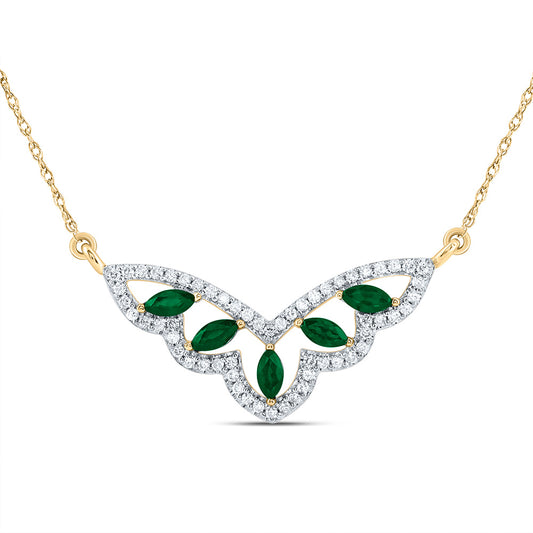 14kt Yellow Gold 1/4 Cttw Natural Diamond 3/8 Cttw Marquise Emerald Natural Gem Fashion Necklace, Length: 18 Inch