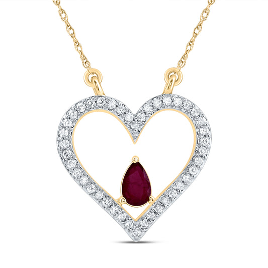 14kt Yellow Gold 1/6 Cttw Natural Diamond 5x3mm Pear Ruby Natural Gem Fashion Heart Necklace, Length: 18 Inch