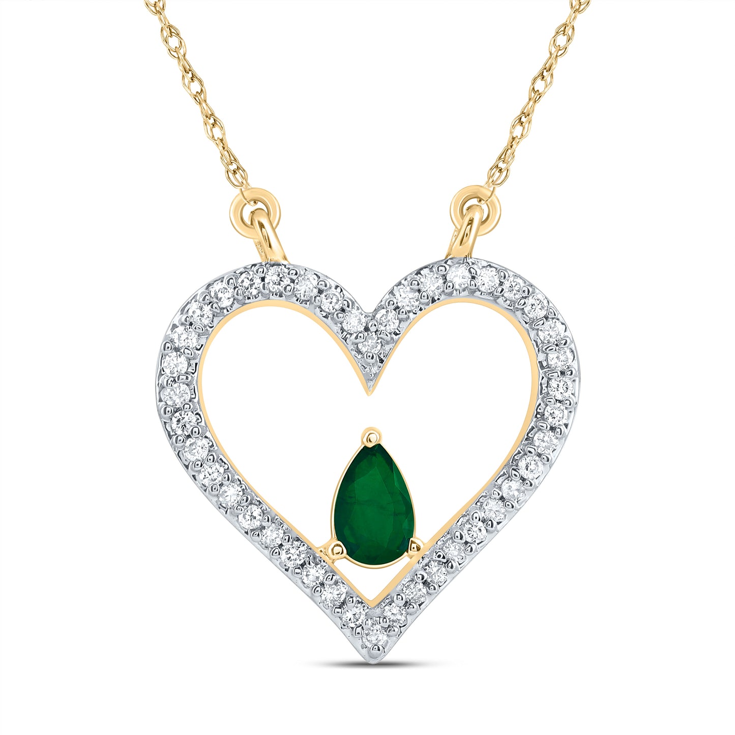 14kt Yellow Gold 1/6 Cttw Natural Diamond 5x3mm Pear Emerald Natural Gem Fashion Heart Necklace, Length: 18 Inch