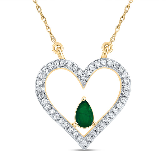 14kt Yellow Gold 1/6 Cttw Natural Diamond 5x3mm Pear Emerald Natural Gem Fashion Heart Necklace, Length: 18 Inch