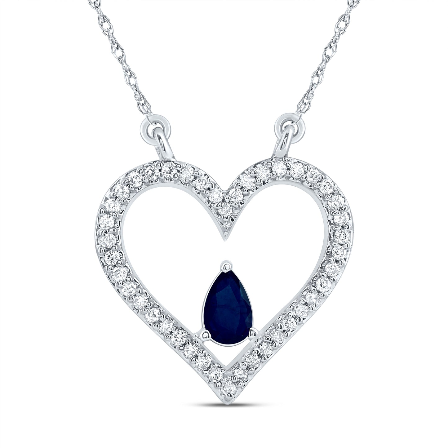14kt White Gold 1/6 Cttw Natural Diamond 5x3mm Pear Blue Sapphire Natural Gem Fashion Heart Necklace, Length: 18 Inch