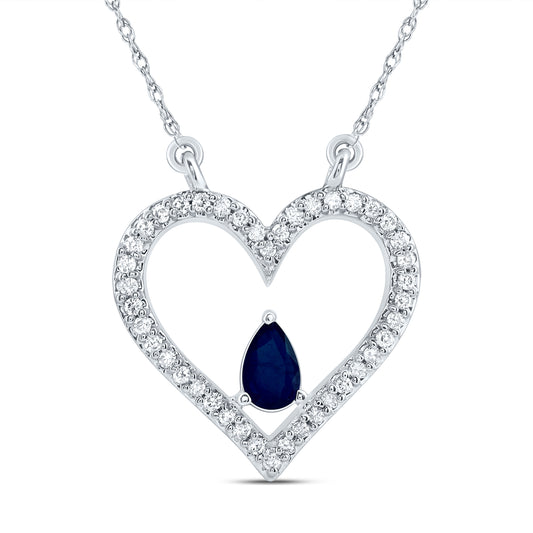 14kt White Gold 1/6 Cttw Natural Diamond 5x3mm Pear Blue Sapphire Natural Gem Fashion Heart Necklace, Length: 18 Inch