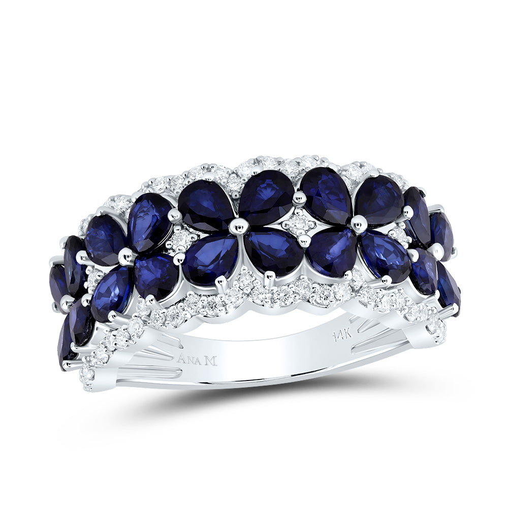 14kt White Gold 1/2 Cttw Natural Diamond Ana M 3 3/8 Cttw Pear Blue Sapphire Natural Wedding Engagement Anniversary Gem Ring, Women Size: 5-9