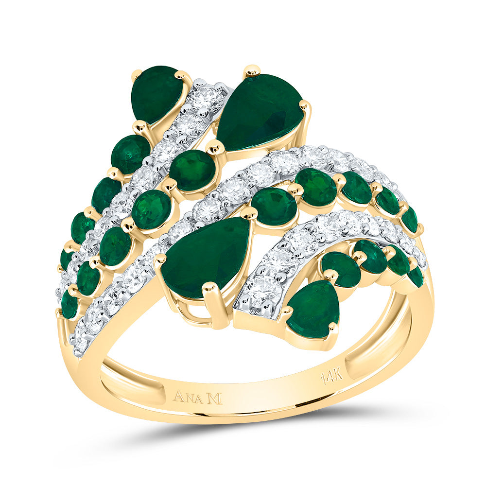 14kt Yellow Gold 3/4 Cttw Natural Diamond Ana M 3/4 Cttw Round em, 1 Cttw Pear Emerald Natural Wedding Engagement Anniversary Gem Ring, Women Size: 5-9