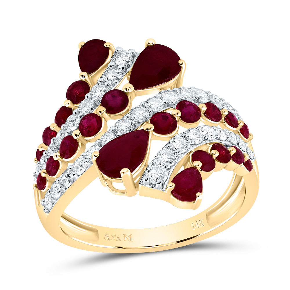 14kt Yellow Gold 3/4 Cttw Natural Diamond Ana M and 1 Cttw Round ru, 1 3/8 Cttw Pear Ruby Natural Wedding Engagement Anniversary Gem Ring, Women Size: 5-9