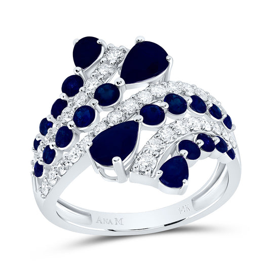 14kt White Gold 3/4 Cttw Natural Diamond Ana M and 1 Cttw Round bs,1 1/3 Cttw Pear Blue Sapphire Natural Wedding Engagement Anniversary Gem Ring, Women Size: 5-9
