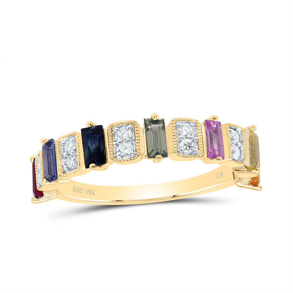 14kt Yellow Gold 1/6 Cttw Natural Diamond and 1 Cttw Bag Natural Gem Multicolor Sapphire Wedding Engagement Anniversary Ring, Women Size: 5-9
