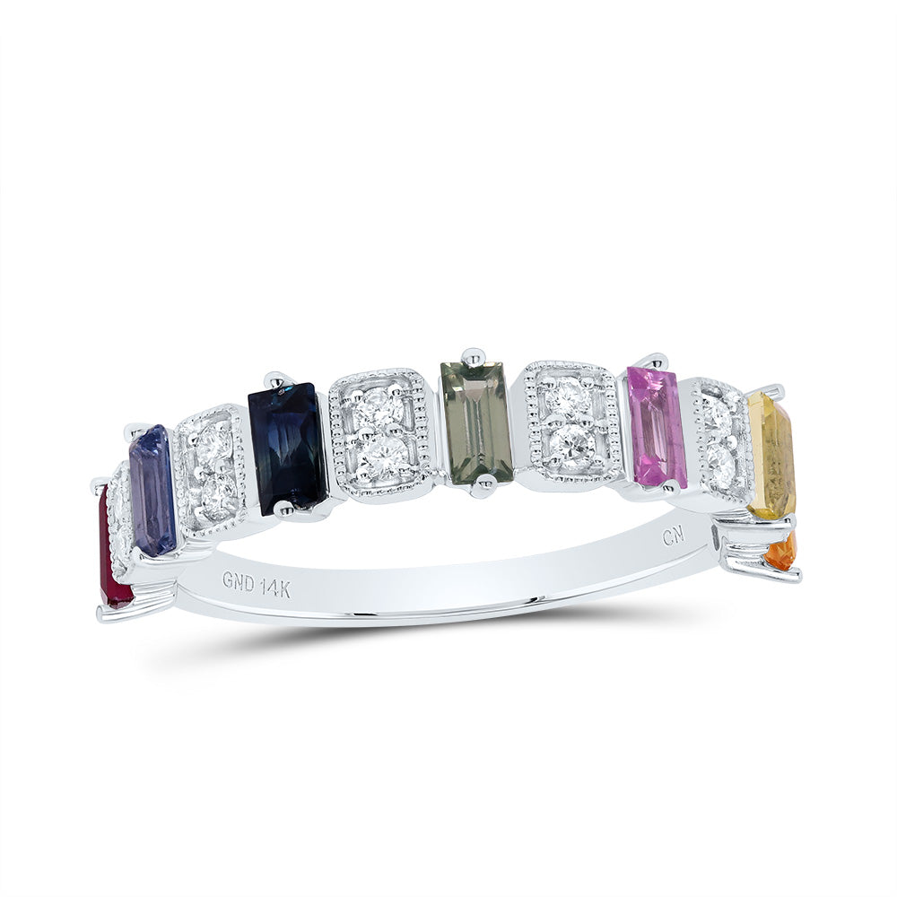 14kt White Gold 1/6 Cttw Natural Diamond and 1 Cttw Bag Natural Gem Multicolor Sapphire Wedding Engagement Anniversary Ring, Women Size: 5-9
