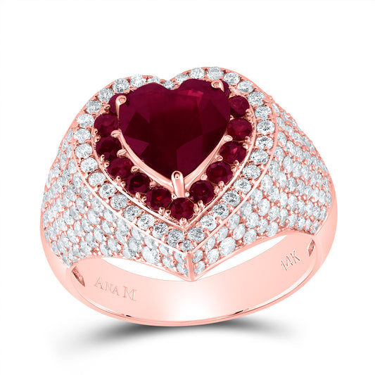 14kt Rose Gold 1 5/8 Cttw Natural Diamond Ana M and 1 7/8 Cttw Hs Ruby 5/8 Cttw Round Ruby Natural Gem Heart Wedding Engagement Anniversary Ring, Women Size: 5-9