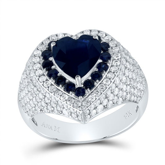 14kt White Gold 1 5/8 Cttw Natural Diamond Ana M 2 Cttw Hs Blue Sapphire 1/2 Cttw Round Blue Sapphire Natural Gem Heart Wedding Engagement Anniversary Ring, Women Size: 5-9