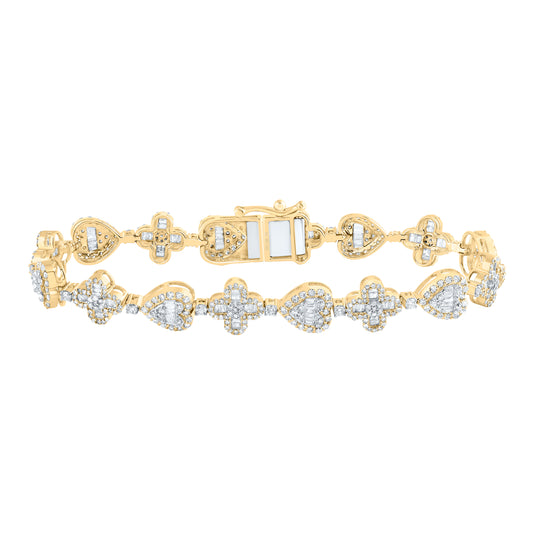 10kt Yellow Gold 3 1/5 Cttw Natural Diamond Clover Heart Ladies Bracelet, Length: 7 Inch