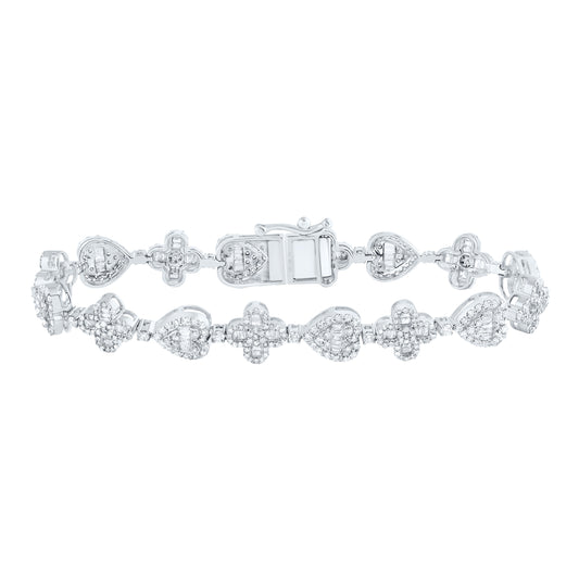 10kt White Gold 3 1/5 Cttw Natural Diamond Clover Heart Ladies Bracelet, Length: 7 Inch