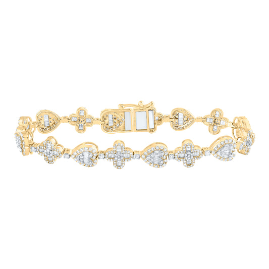 14kt Yellow Gold 3 1/5 Cttw Natural Diamond Clover Heart Ladies Bracelet, Length: 7 Inch
