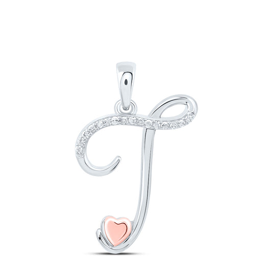 Sterling Silver White-Tone 1/12 Ctw Natural Diamond Initial "T" Pendant