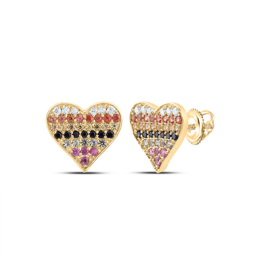 10kt Yellow Gold 1/10 Cttw Natural Diamond 5/8 Cttw Round Natural Gem Multicolor Sapphire Heart Stud Earring