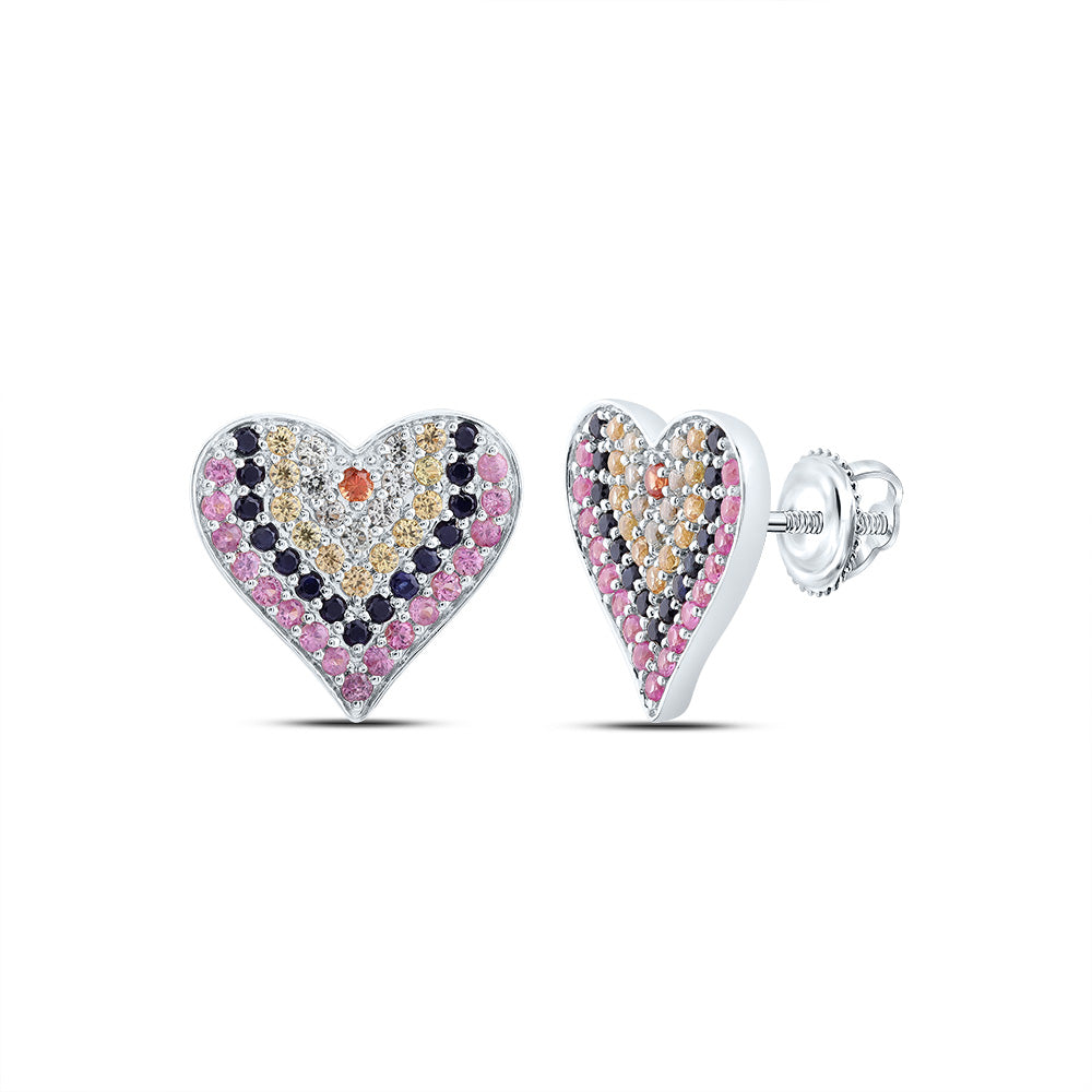 10kt White Gold 1 Cttw Round Natural Gem Multicolor Sapphire Heart Stud Earring