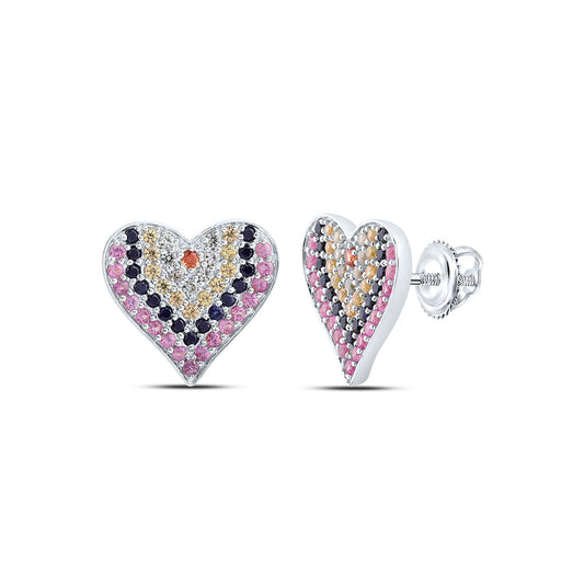 10kt White Gold 1 Cttw Round Natural Gem Multicolor Sapphire Heart Stud Earring