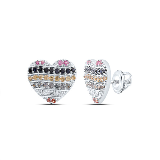 10kt White Gold 1/10 Cttw Natural Diamond 5/8 Cttw Round Natural Gem Multicolor Sapphire Heart Stud Earring