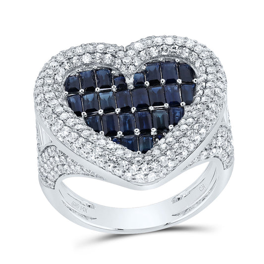 14kt White Gold 1 5/8 Cttw Natural Diamond 0.014 Cttw Round Blue Sapphire, 1 3/4 Cttw-bag Blue Sapphire, Natural Gem Heart Wedding Engagement Anniversary Ring, Women Size: 5-9