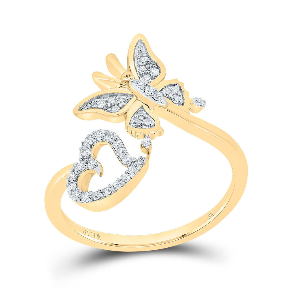 10kt Yellow Gold 1/6 Cttw Natural Diamond Butterfly Heart Wedding Engagement Anniversary Ring, Women Size: 5-9