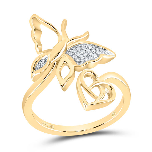 10kt Yellow Gold 1/12 Cttw Natural Diamond Butterfly Heart Wedding Engagement Anniversary Ring, Women Size: 5-9