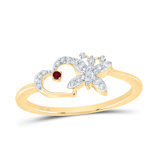 10kt Yellow Gold 1/12 Cttw Natural Diamond 1.3mm Round Ruby Natural Gem Butterfly Heart Wedding Engagement Anniversary Ring, Women Size: 5-9