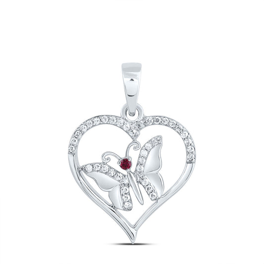 10kt White Gold 1/10 Cttw Natural Diamond 1.3mm Round Ruby Natural Gem Butterfly Heart Pendant