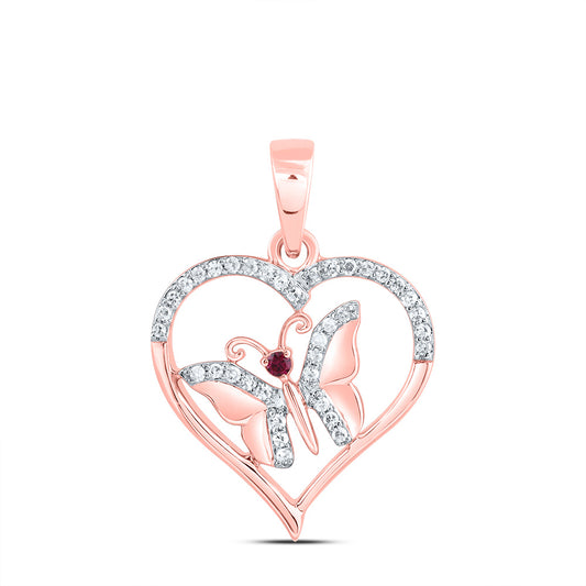 10kt Rose Gold 1/10 Cttw Natural Diamond 1.3mm Round Ruby Natural Gem Butterfly Heart Pendant
