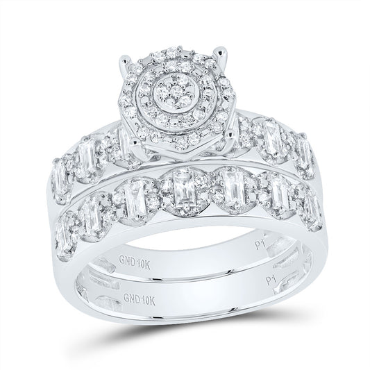 10kt White Gold His & Hers 1 Cttw Natural Diamond Round Trio Ring, Women Size: 5-9, Men Size: 8-12