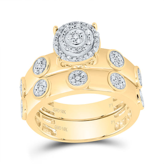 10kt Yellow Gold His & Hers 3/8 Cttw Natural Diamond Round Trio Ring, Women Size: 5-9, Men Size: 8-12