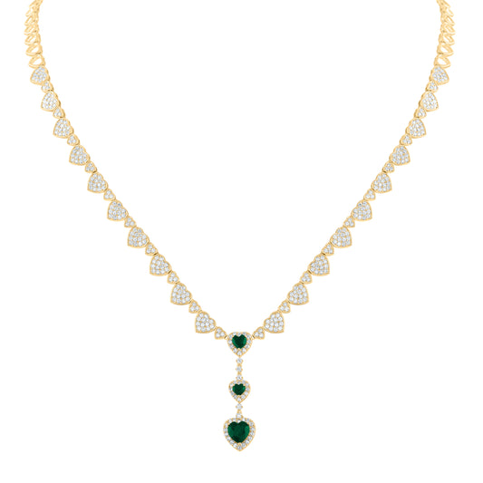 14K Yellow Gold 2 5/8 Ctw Diamond 1 1/4 Ctw Heart Emerald Natural Gem Necklace (17 Inch)