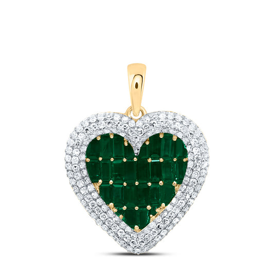 14K Yellow Gold 1 Ctw Diamond 0.010 Ctw Round Emerald, 1 3/8 Ctw Baguette Emerald, Natural Gem Heart Pendant