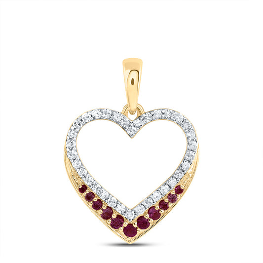 10kt Yellow Gold 1/8 Cttw Natural Diamond and 1/10 Cttw Round-ruby,nat Gem Heart Pendant