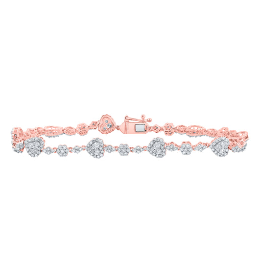 10kt Rose Gold 1 3/4 Cttw Natural Diamond Fashion Heart Bracelet, Length: 7 Inch